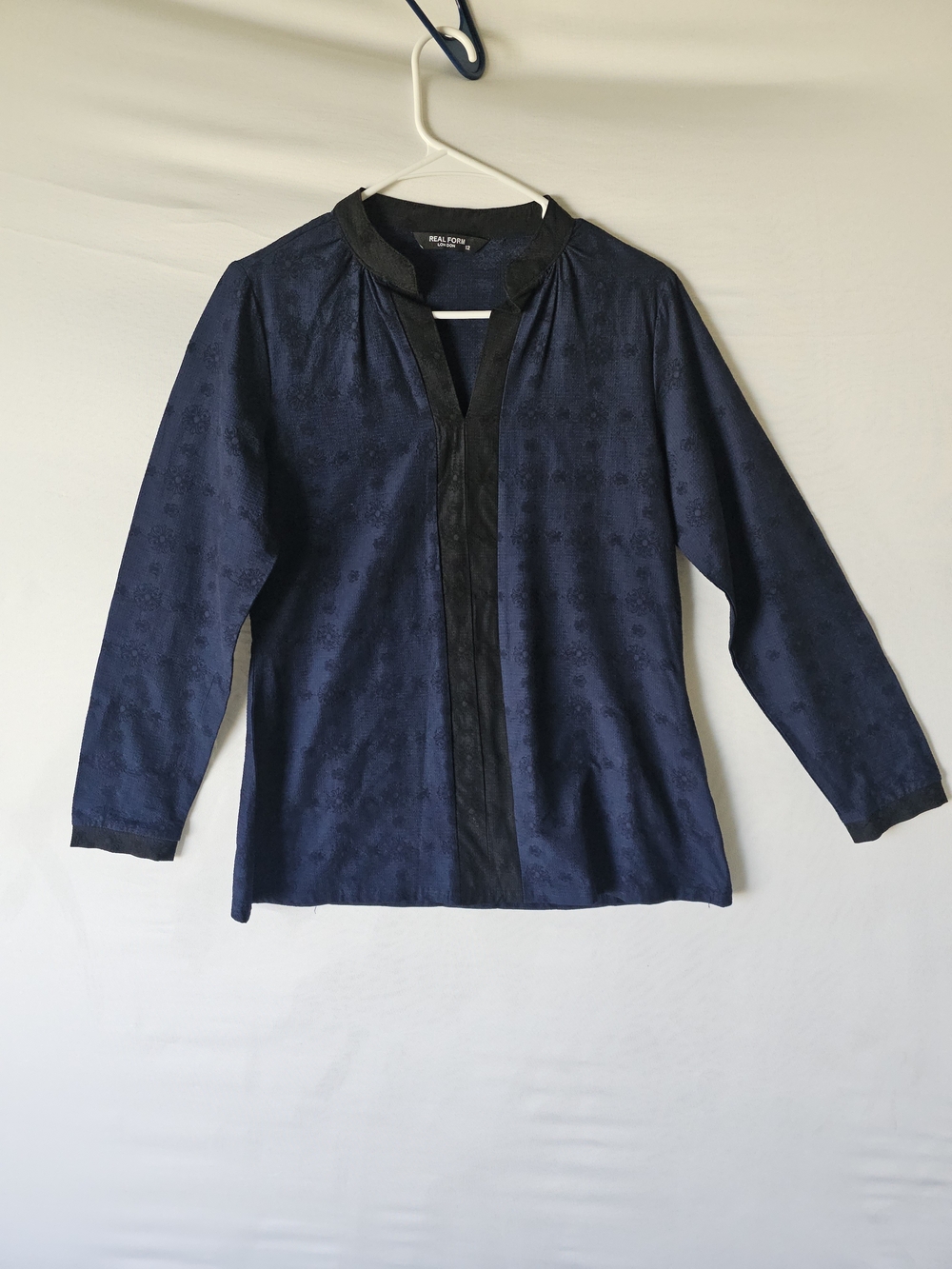 Real Form London Navy Blue Floral Embossed V-Neck Blouse - Size 12